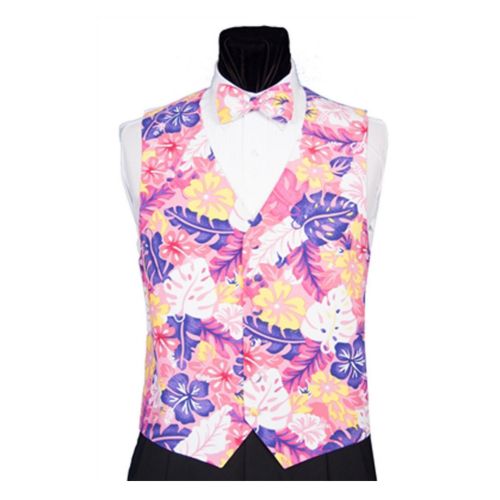 Pink Floral Hawaiian Tuxedo Vest and Tie Set